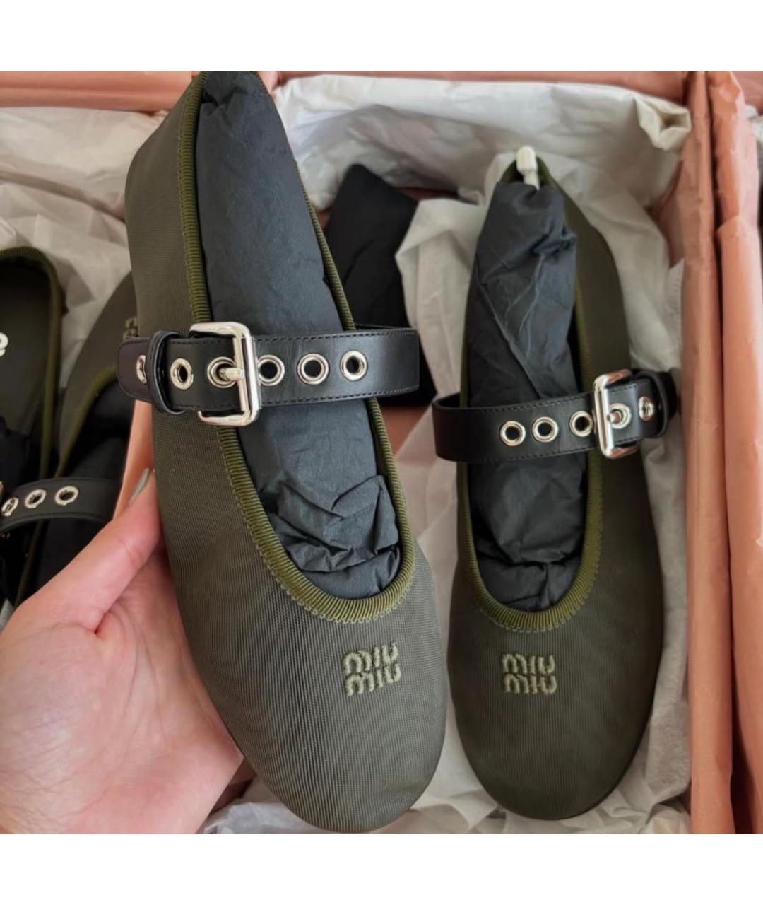 MIU MIU Хаки текстильные балетки, фото 5