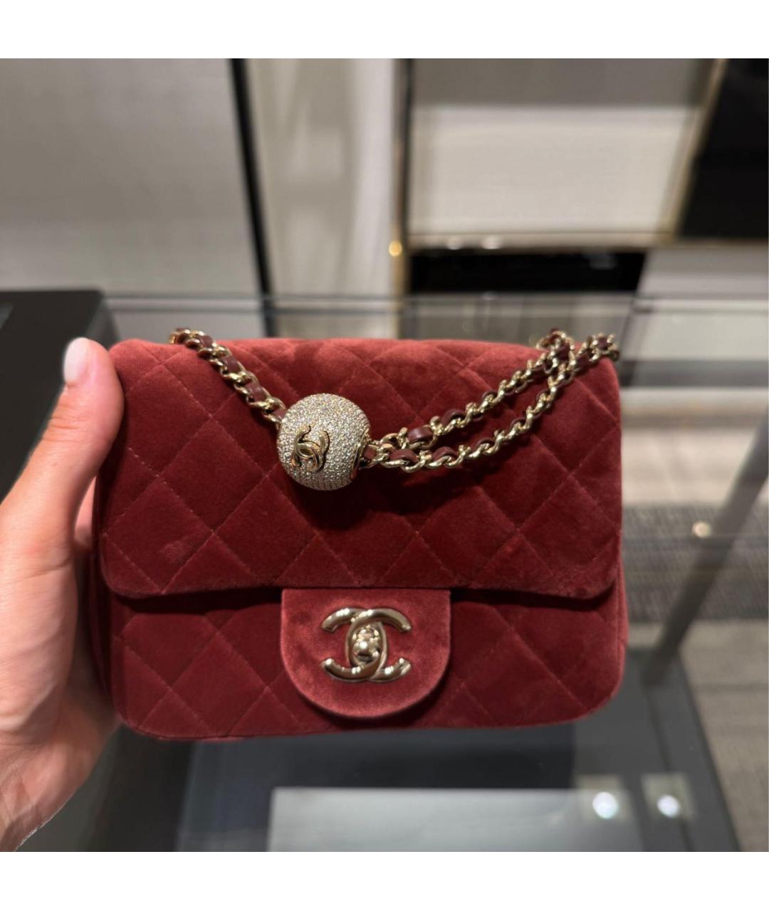 CHANEL Бордовая бархатная сумка через плечо, фото 5