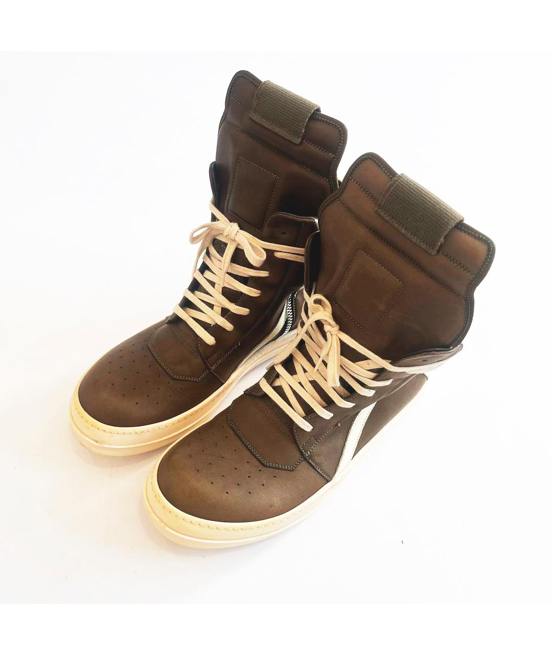 RICK OWENS Коричневые кожаные высокие кроссовки / кеды, фото 2