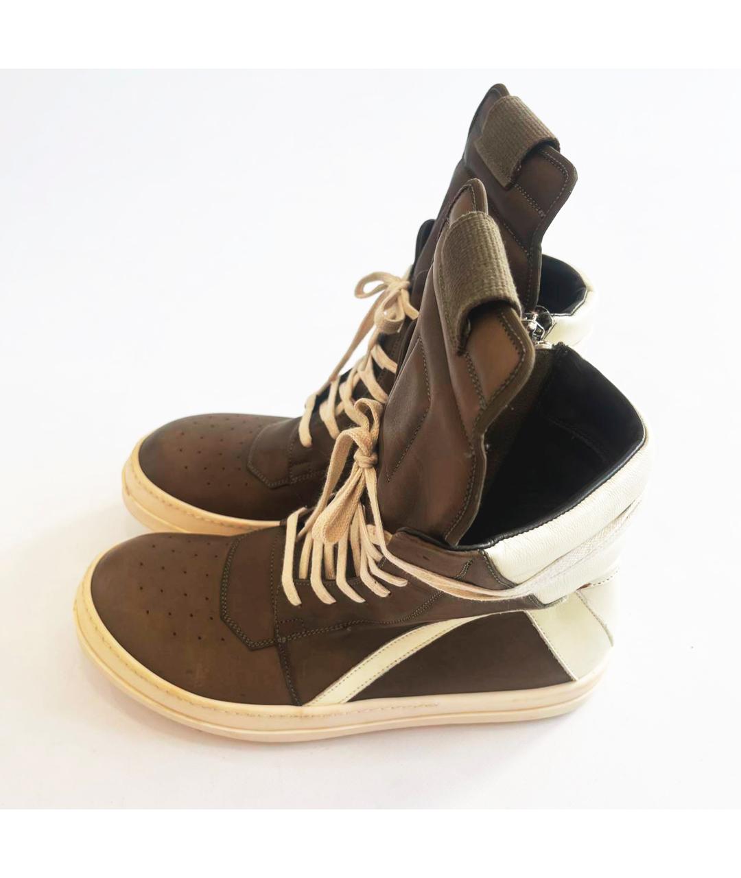 RICK OWENS Коричневые кожаные высокие кроссовки / кеды, фото 3