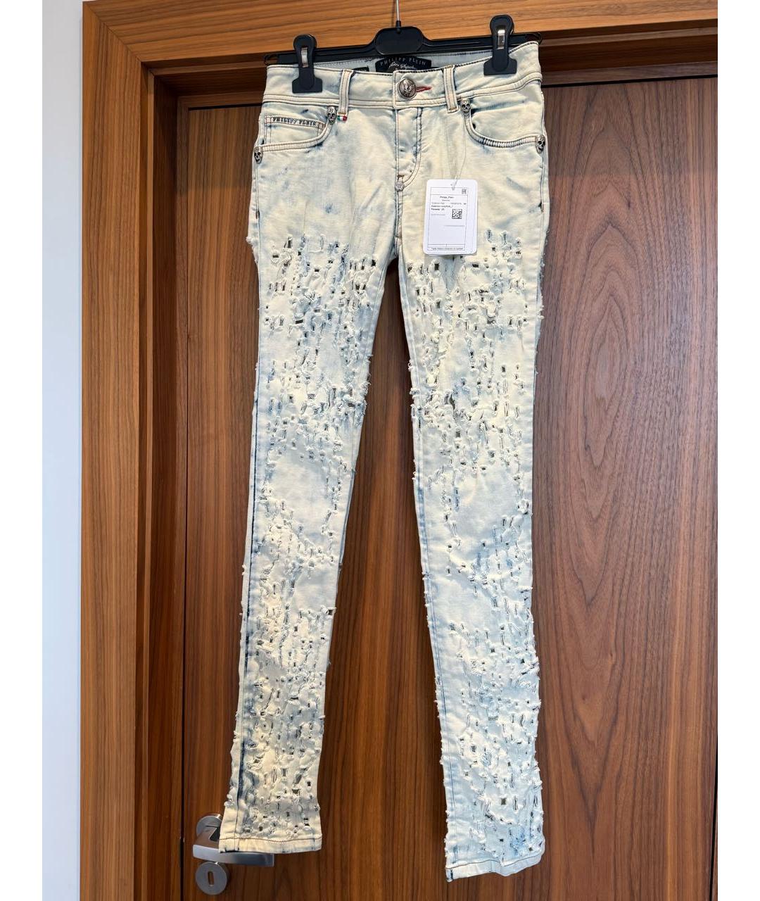 PHILIPP PLEIN Голубые хлопко-эластановые джинсы слим, фото 7