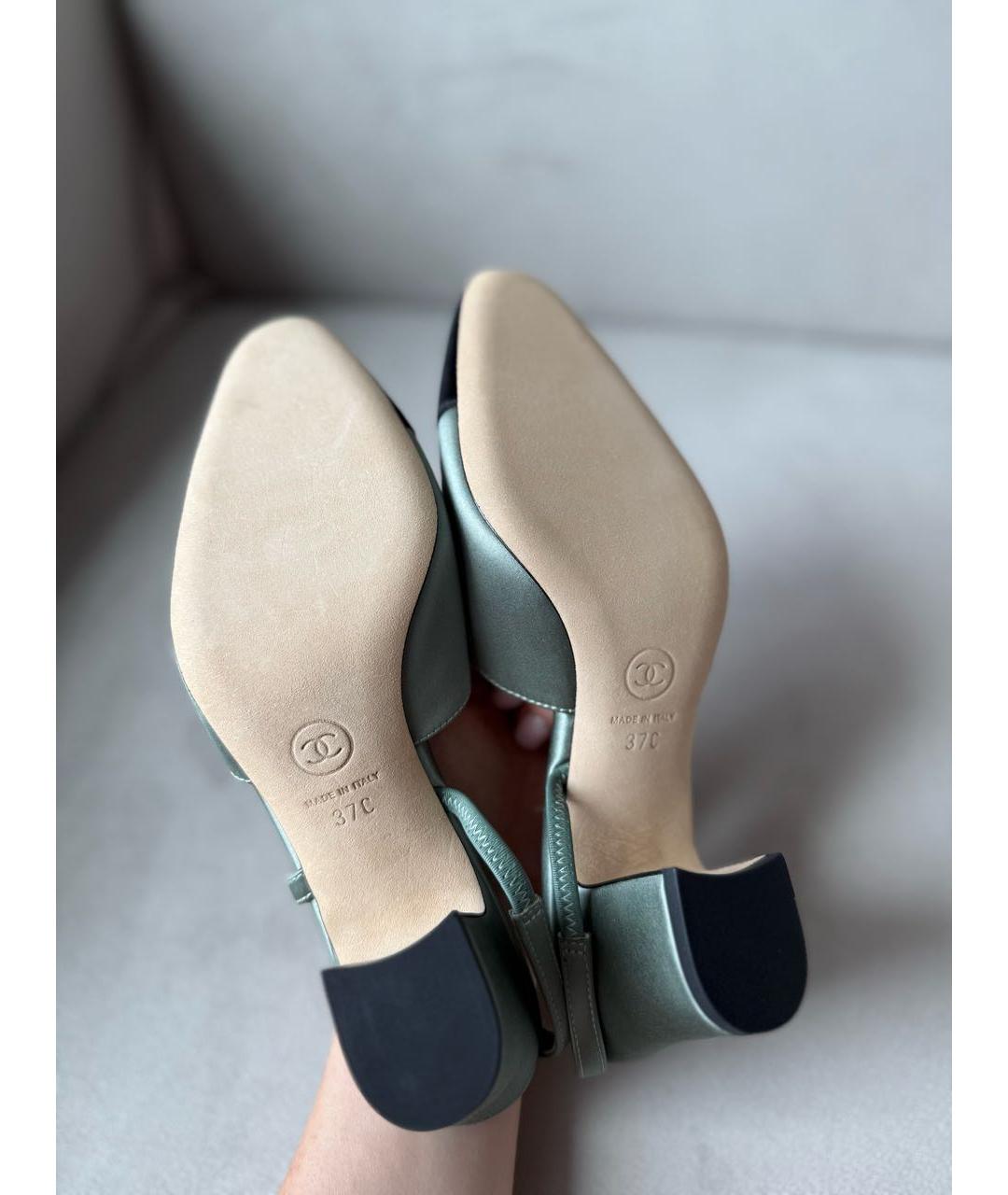 CHANEL Зеленые кожаные лодочки на низком каблуке, фото 2
