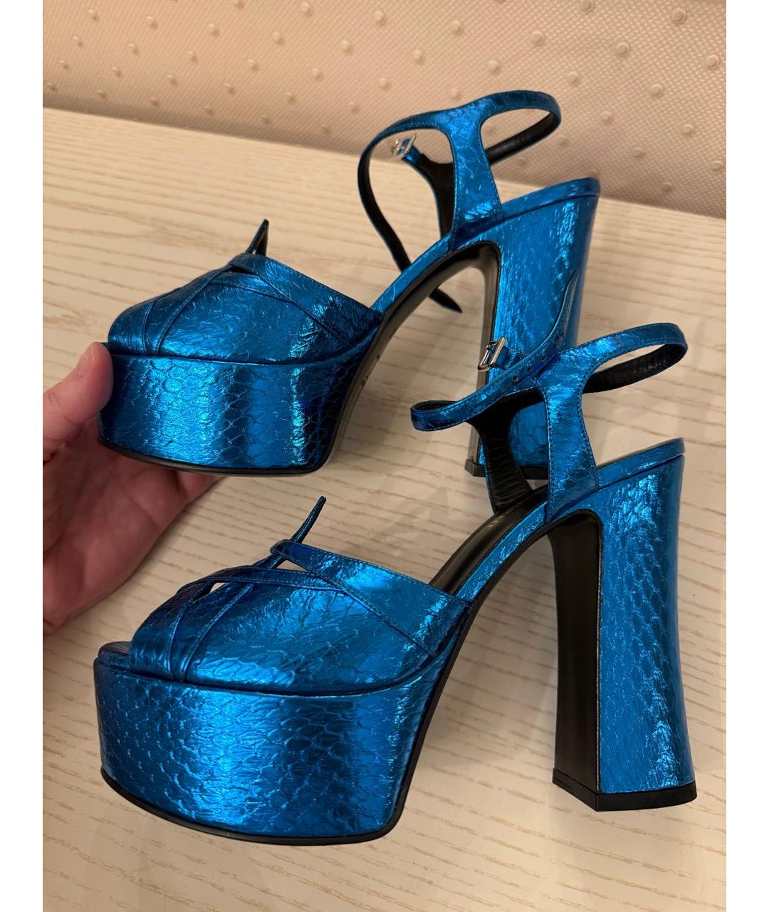SAINT LAURENT Синие кожаные босоножки, фото 6
