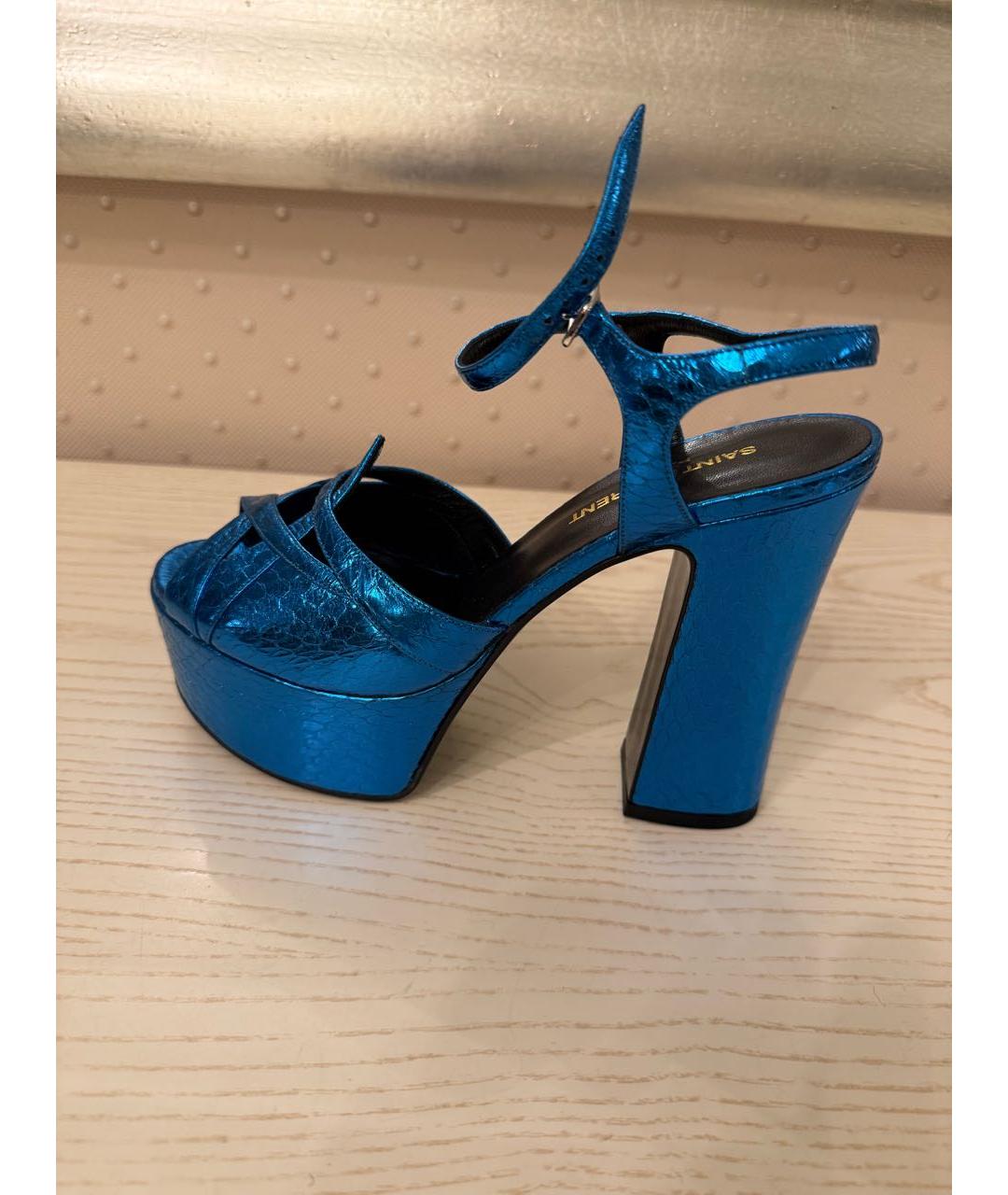 SAINT LAURENT Синие кожаные босоножки, фото 7