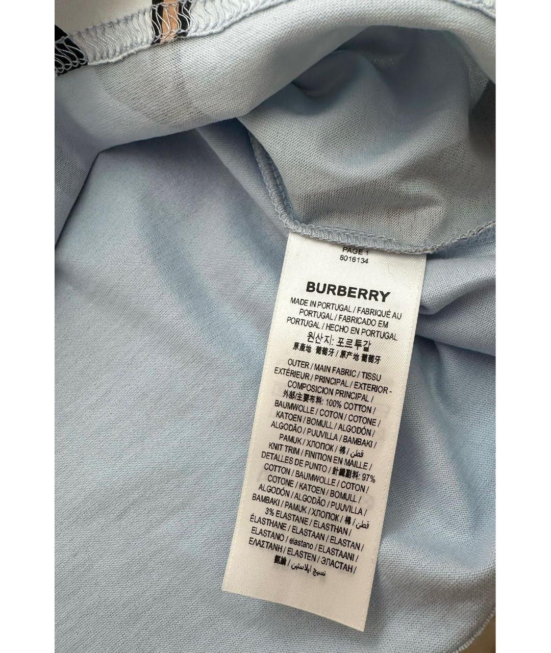BURBERRY Голубая хлопковая футболка, фото 4