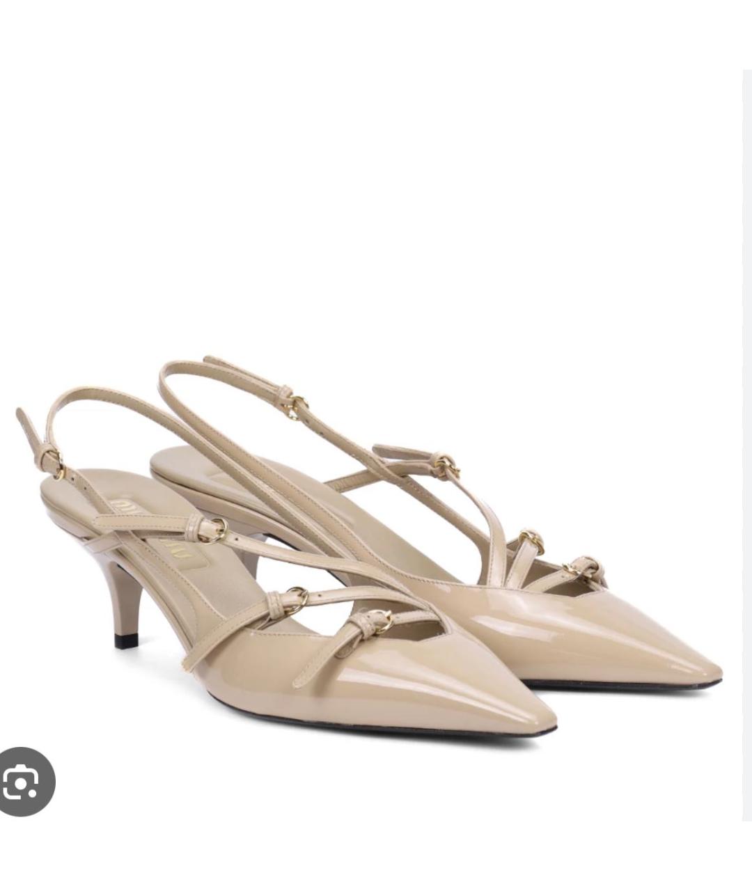 MIU MIU Бежевые лодочки на низком каблуке из лакированной кожи, фото 2