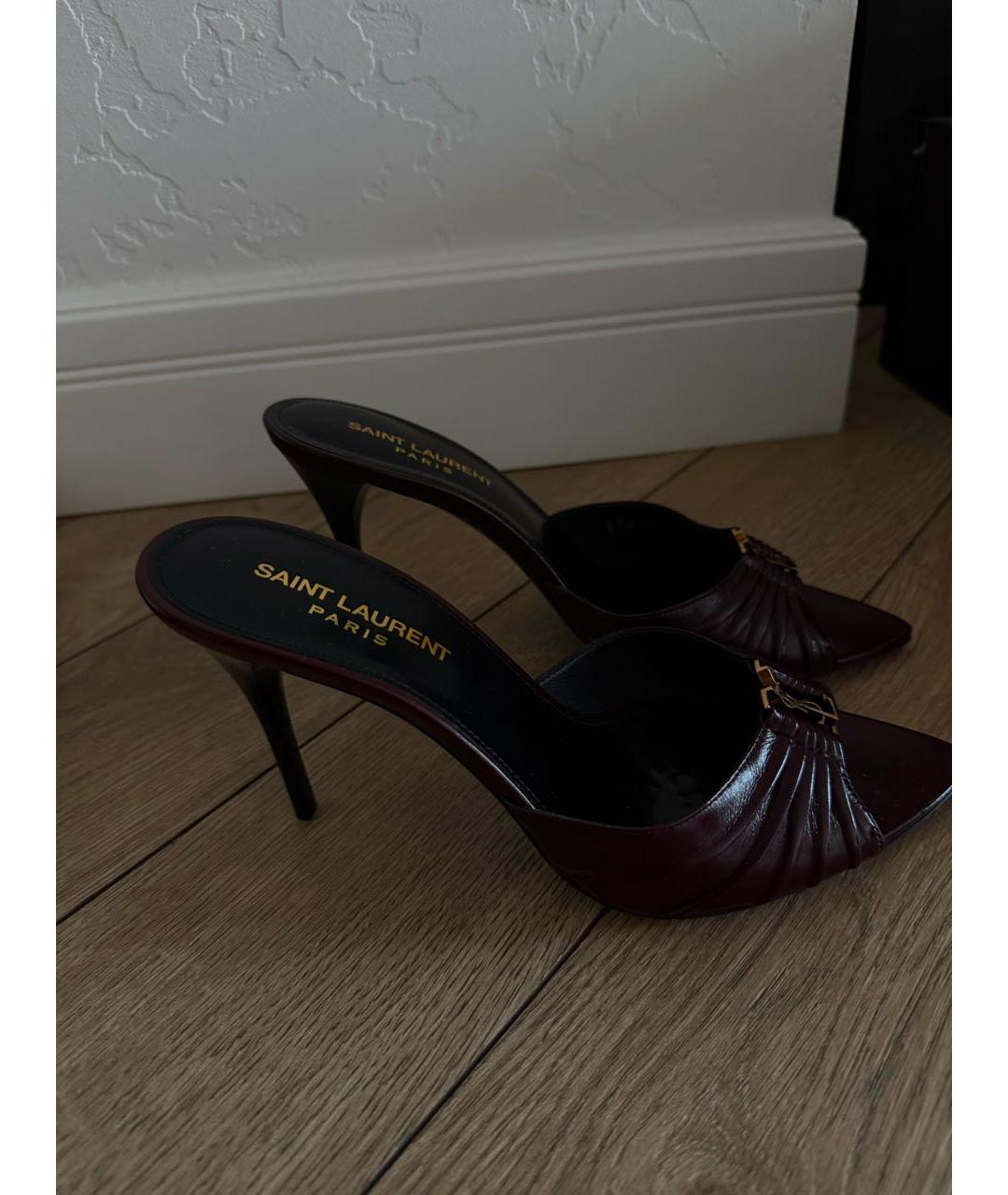 SAINT LAURENT Бордовые кожаные мюли, фото 7