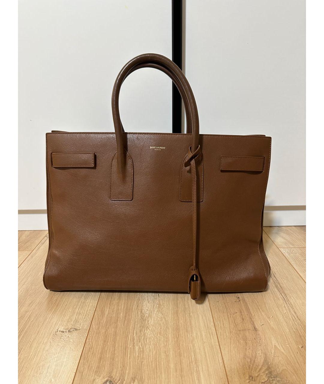 SAINT LAURENT Коричневая кожаная сумка с короткими ручками, фото 9