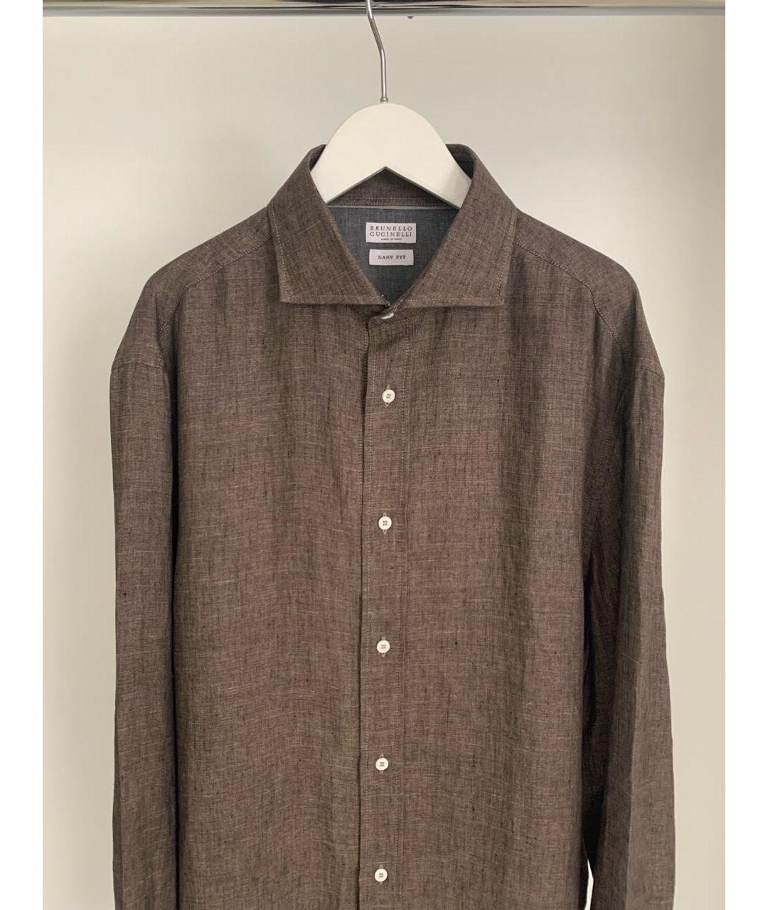 BRUNELLO CUCINELLI Коричневая льняная классическая рубашка, фото 3