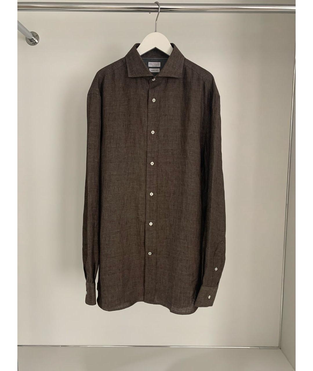 BRUNELLO CUCINELLI Коричневая льняная классическая рубашка, фото 5