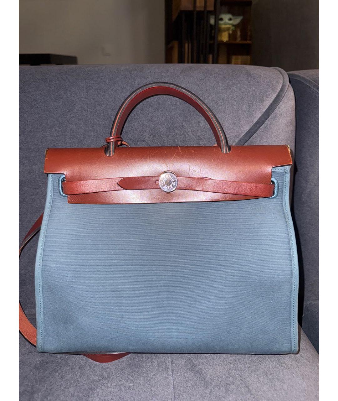 HERMES Темно-синяя тканевая сумка с короткими ручками, фото 5
