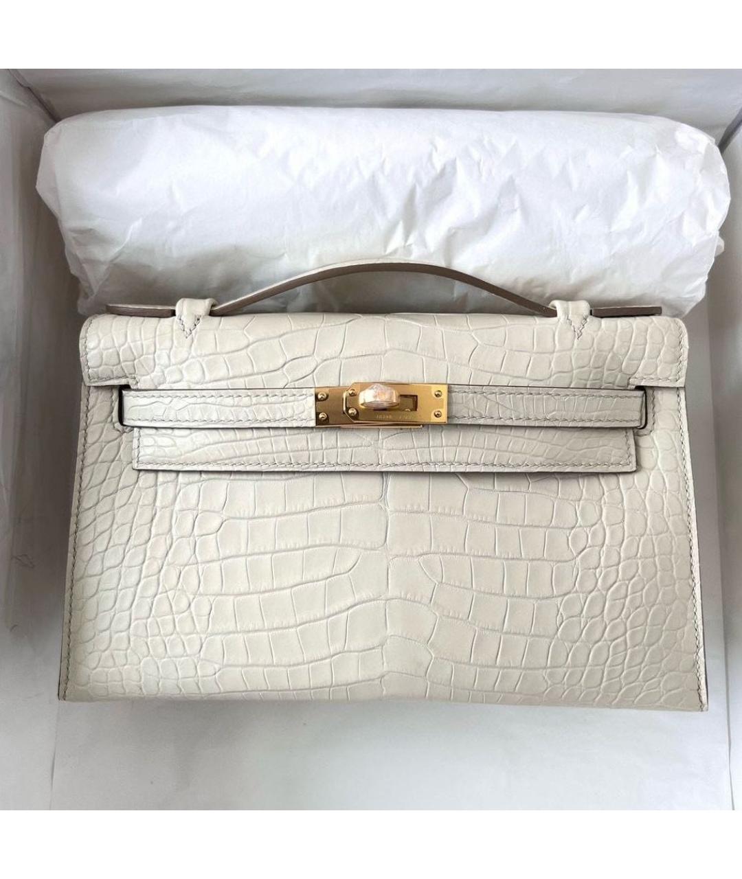 HERMES Белая сумка с короткими ручками из экзотической кожи, фото 4