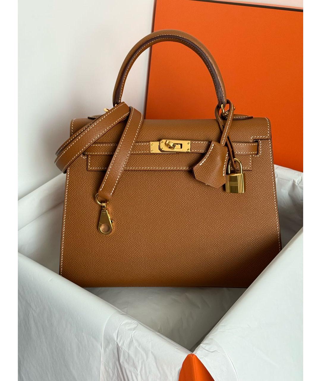 HERMES Коричневая кожаная сумка с короткими ручками, фото 6