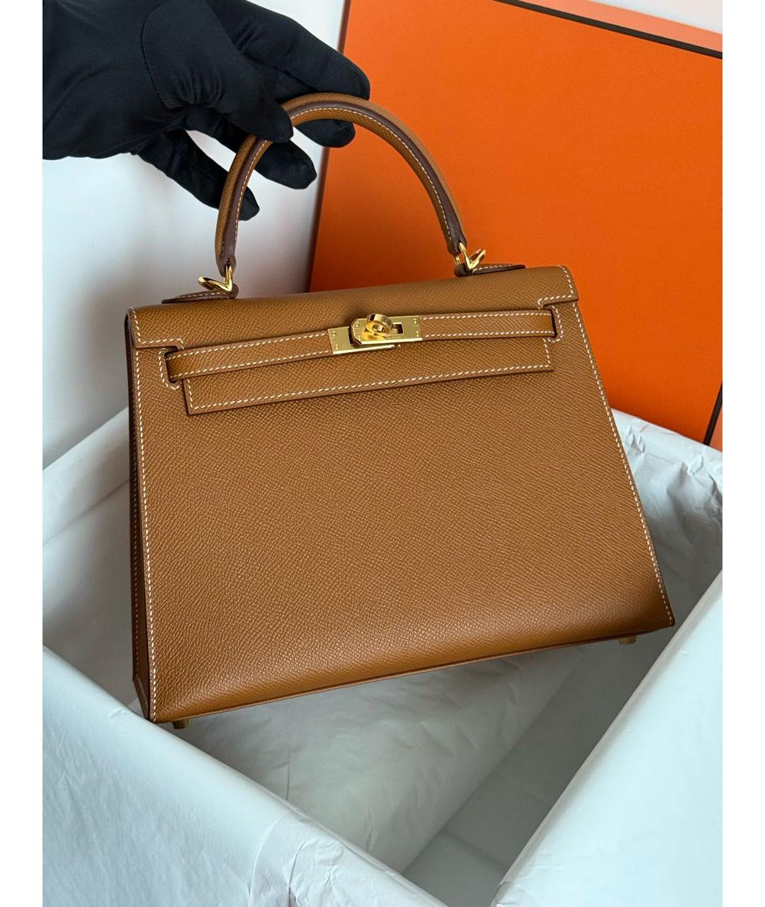 HERMES Коричневая кожаная сумка с короткими ручками, фото 3