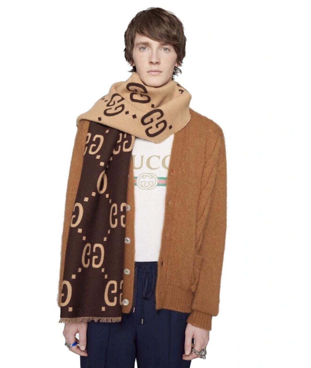 GUCCI Коричневый шерстяной шарф, фото 2