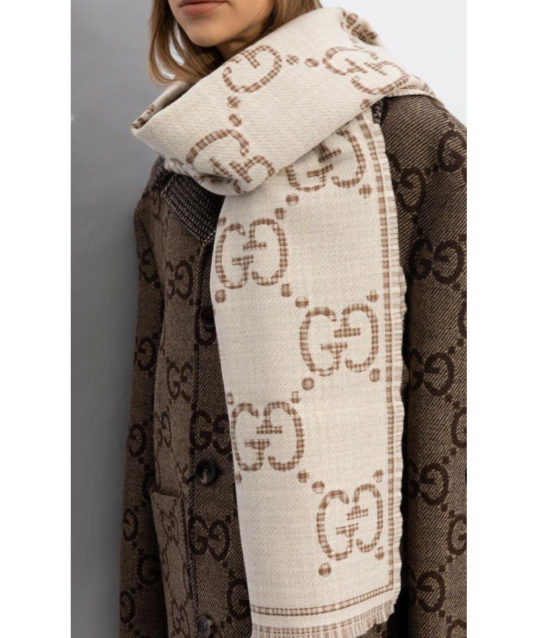 GUCCI Бежевый шерстяной шарф, фото 5
