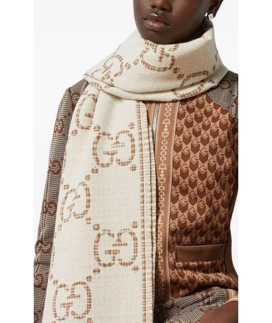 GUCCI Бежевый шерстяной шарф, фото 4