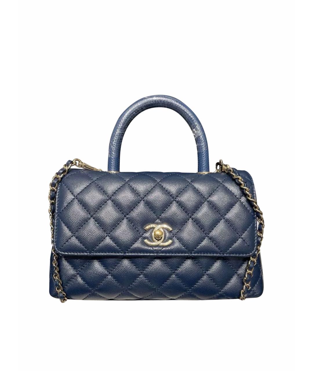 CHANEL Темно-синяя кожаная сумка с короткими ручками, фото 1