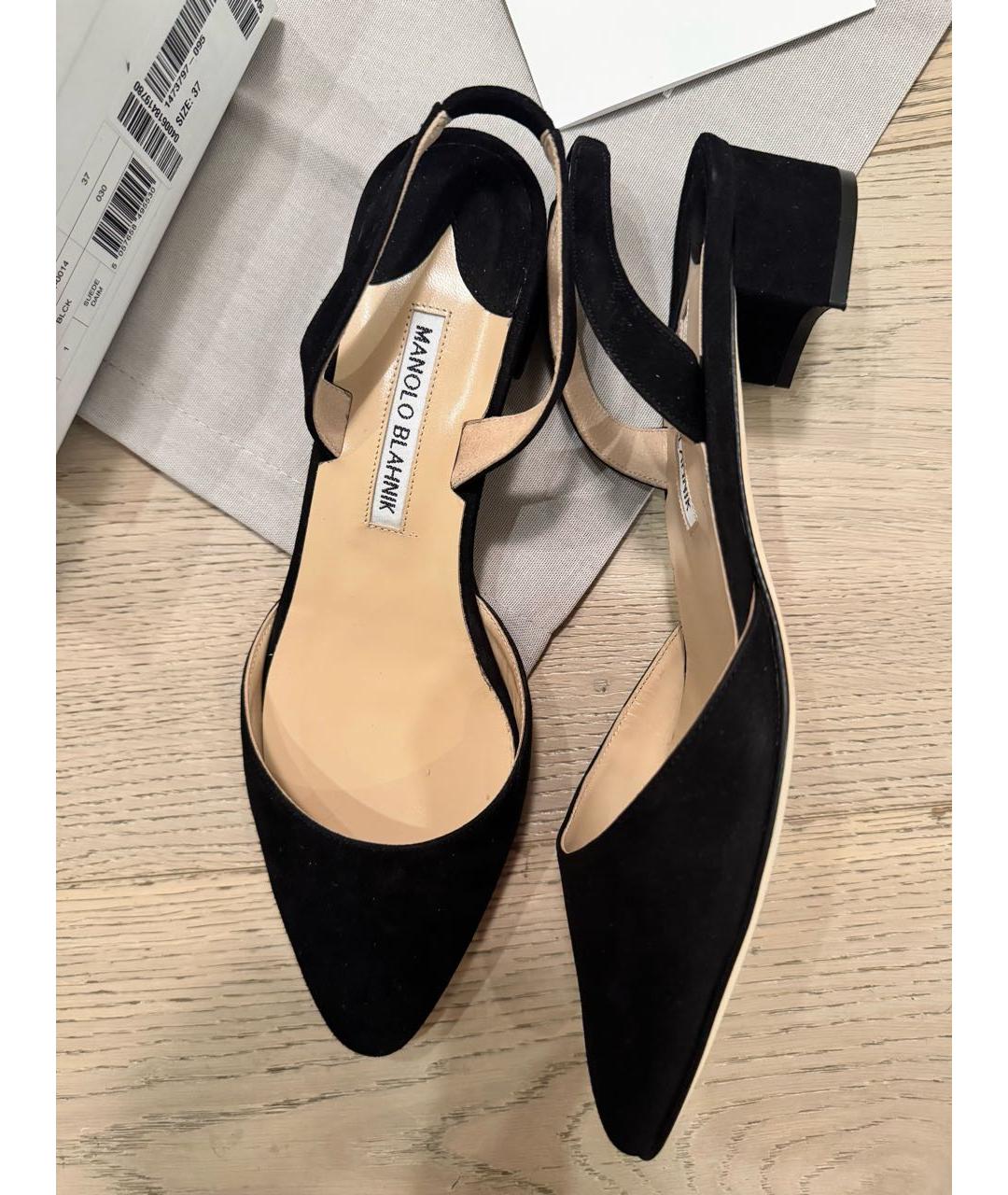MANOLO BLAHNIK Черные замшевые лодочки на низком каблуке, фото 5