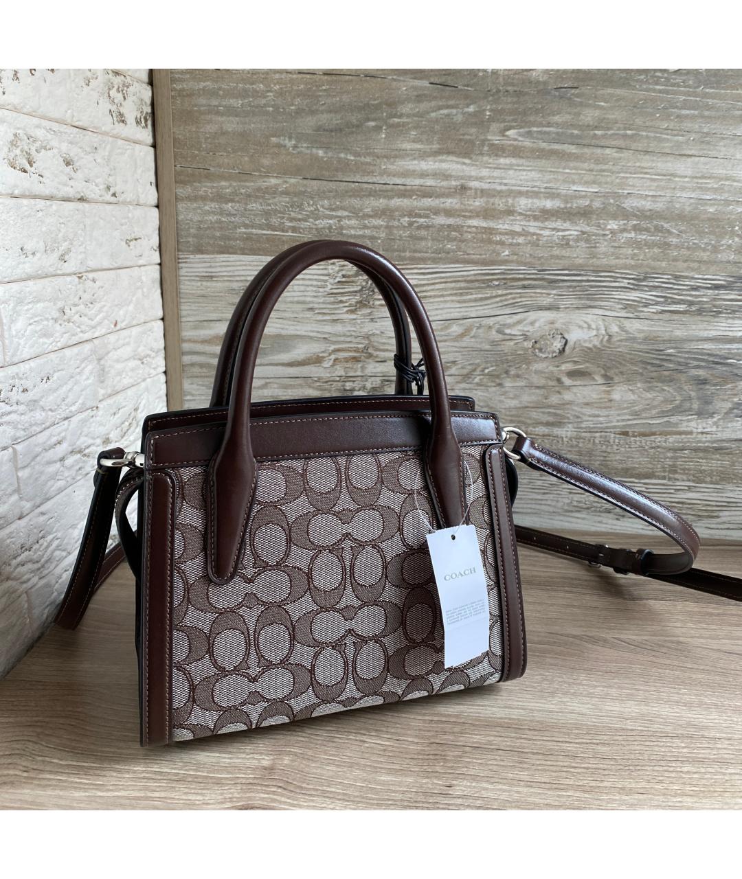 COACH Коричневая жаккардовая сумка с короткими ручками, фото 3