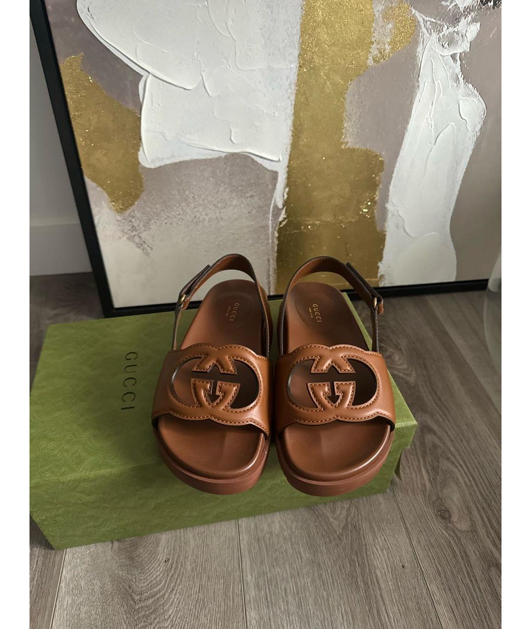 GUCCI Коричневые кожаные босоножки, фото 2