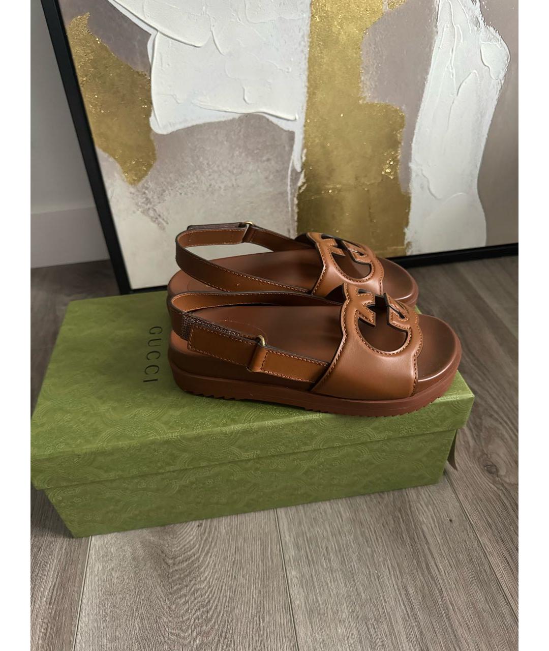 GUCCI Коричневые кожаные босоножки, фото 5