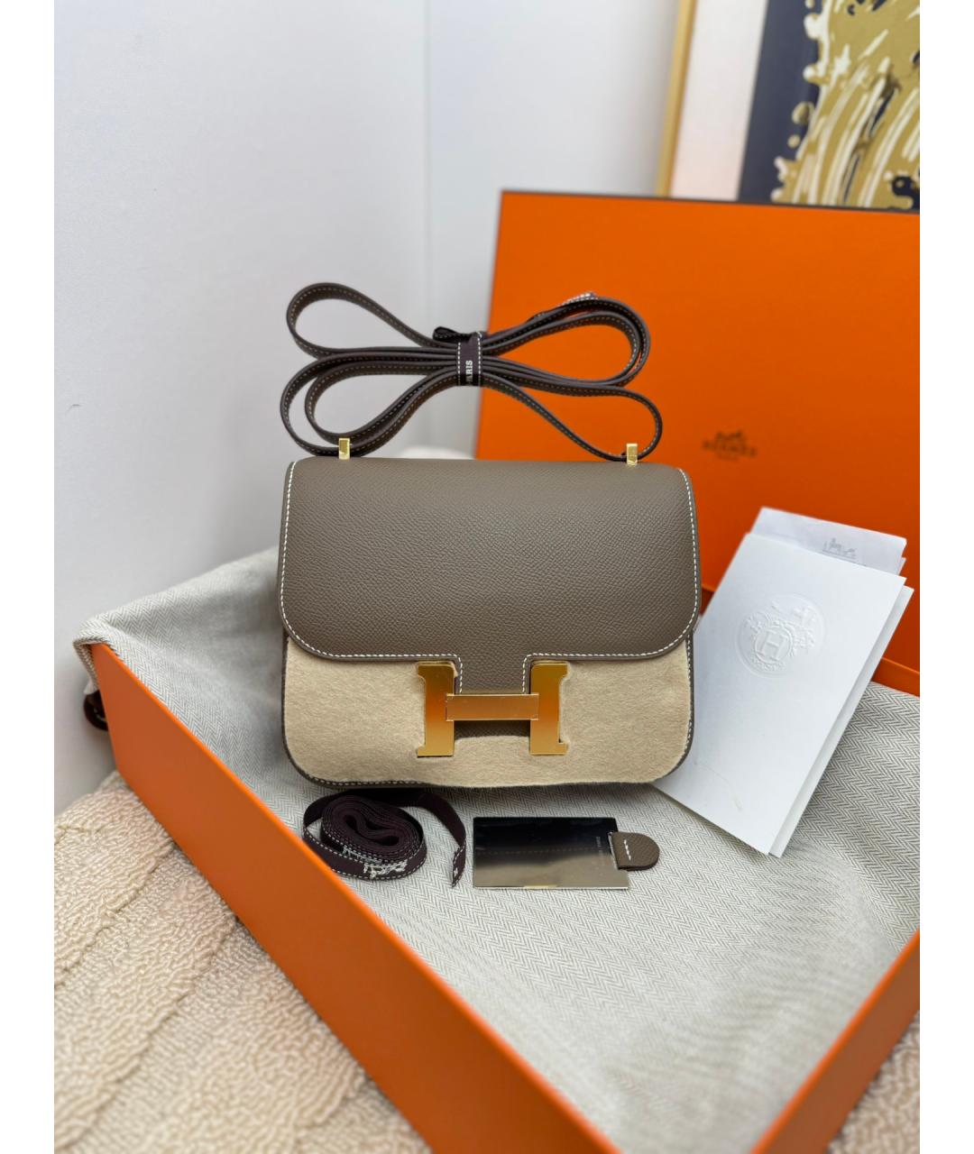 HERMES Серая кожаная сумка тоут, фото 10