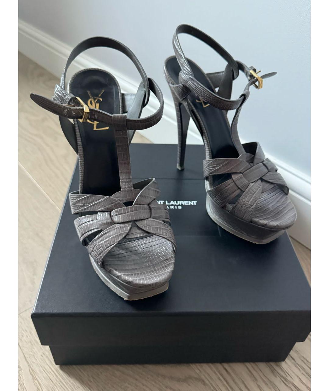 SAINT LAURENT Антрацитовые кожаные босоножки, фото 5