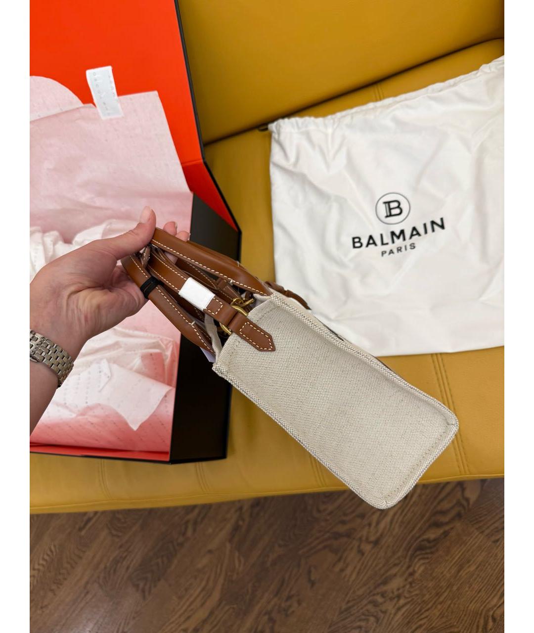 BALMAIN Коричневая льняная сумка с короткими ручками, фото 2