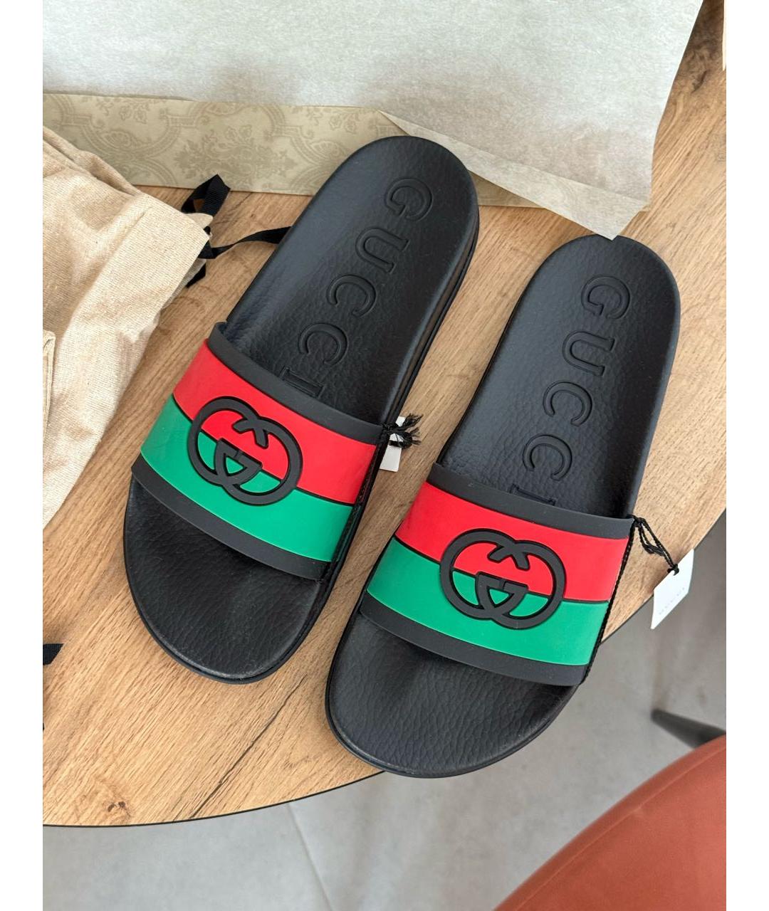 GUCCI Черные резиновые шлепанцы, фото 2