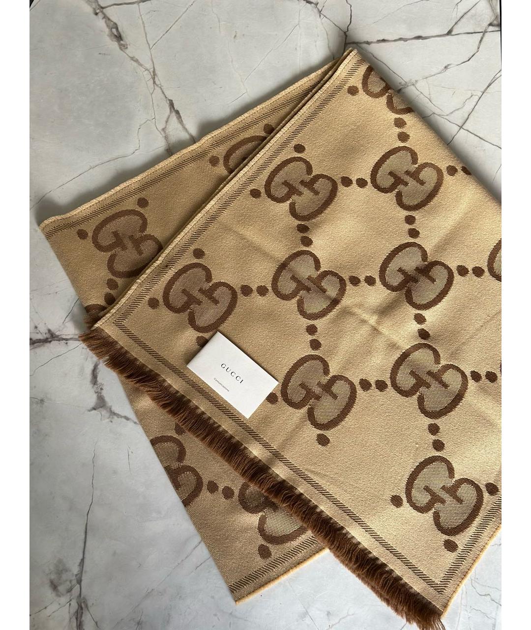 GUCCI Бежевый шерстяной шарф, фото 3