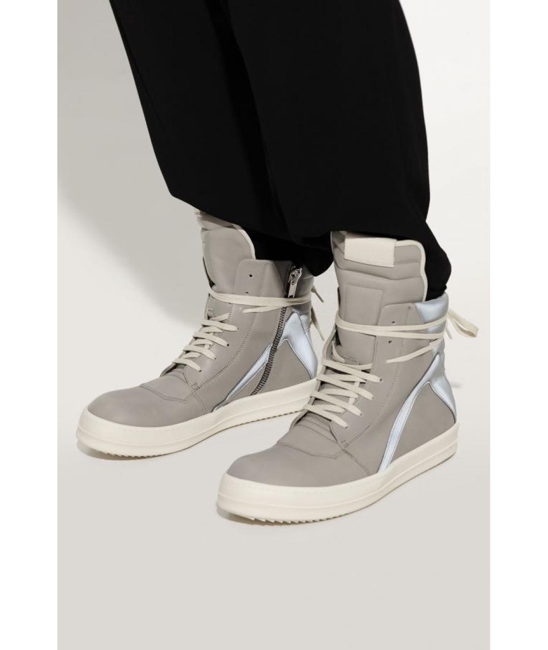 RICK OWENS Серые кожаные высокие кроссовки / кеды, фото 5