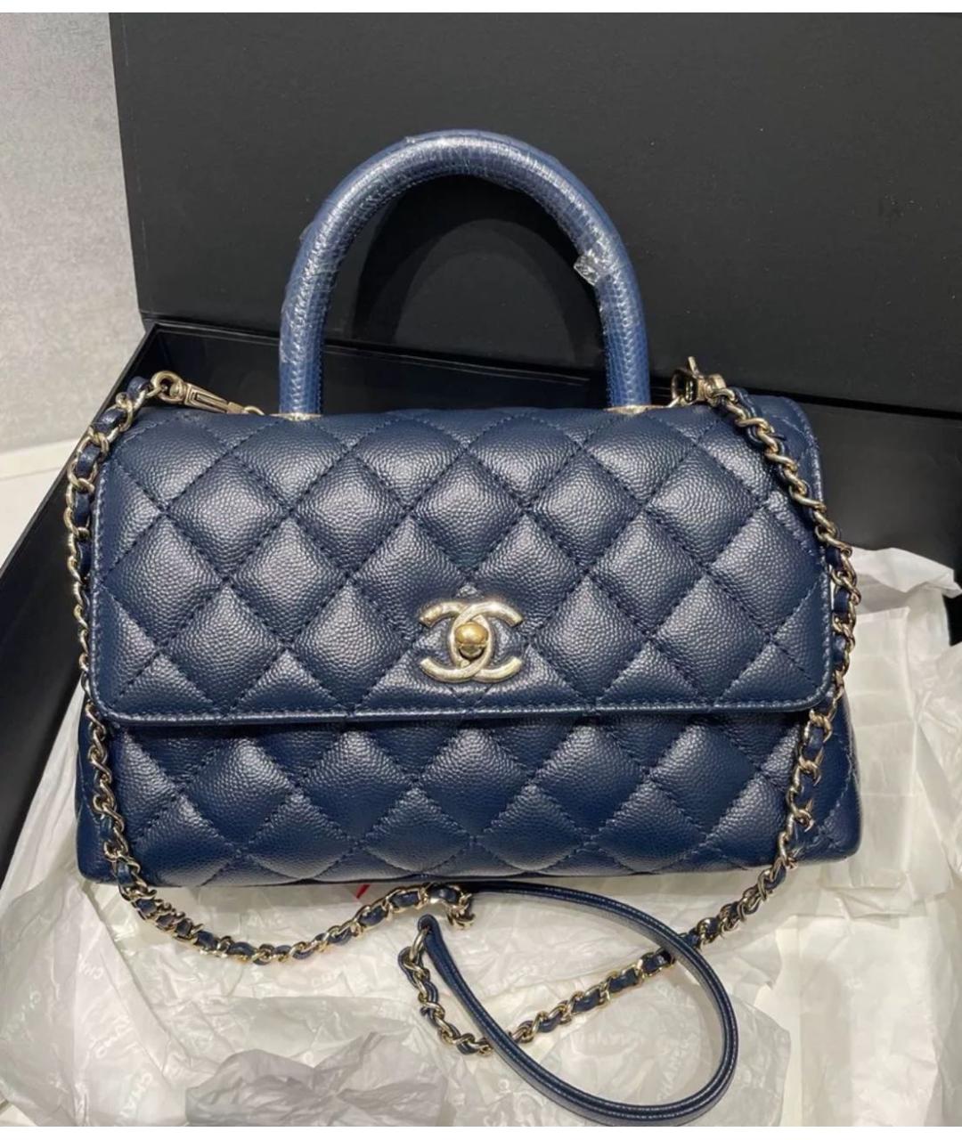CHANEL Темно-синяя кожаная сумка с короткими ручками, фото 8