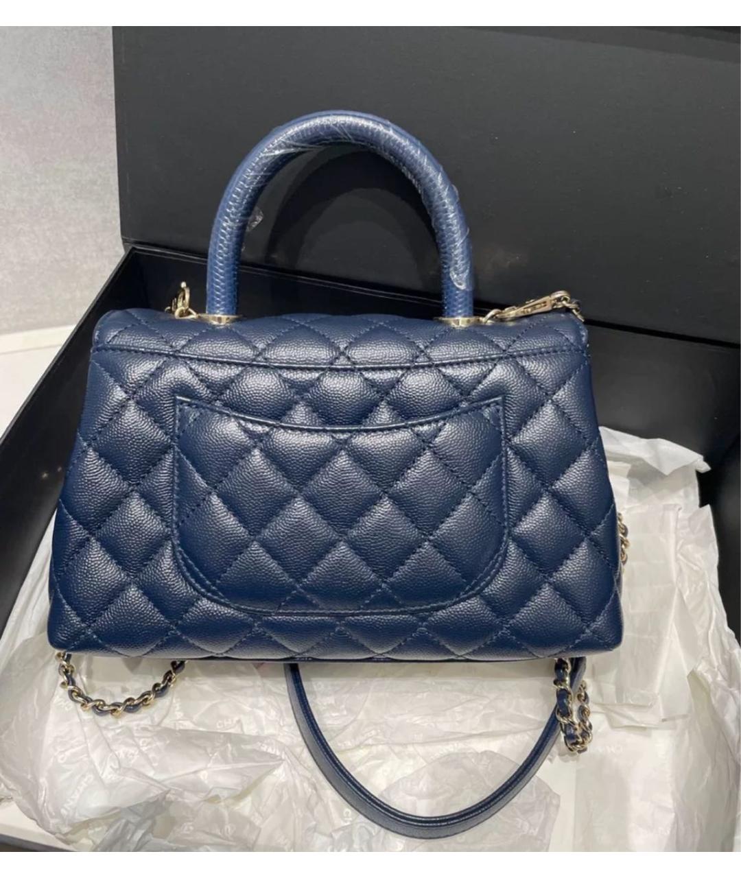 CHANEL Темно-синяя кожаная сумка с короткими ручками, фото 2