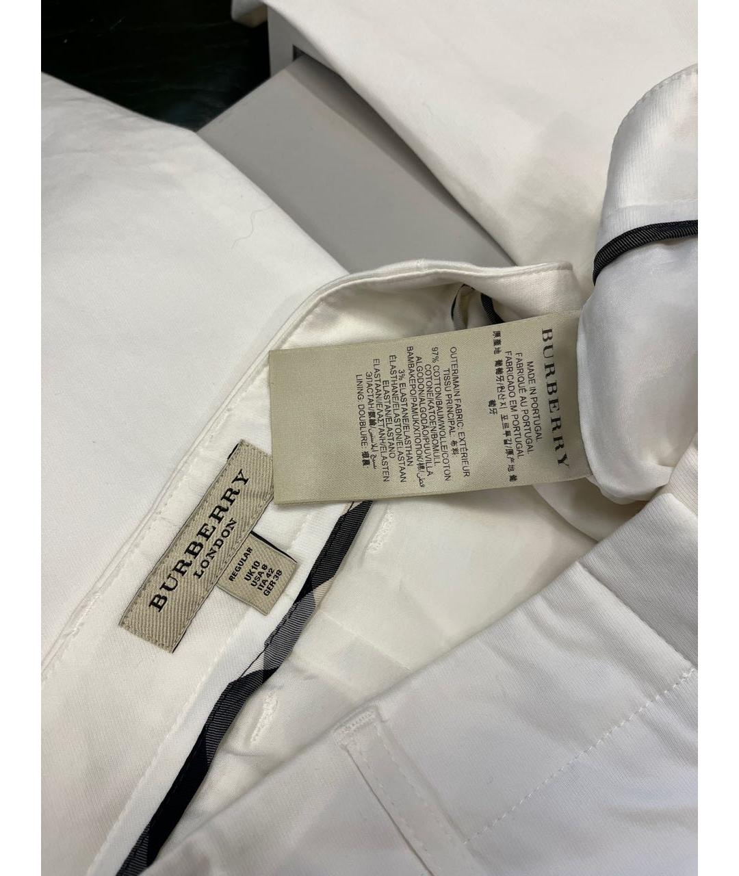 BURBERRY Белые хлопко-эластановые прямые брюки, фото 5