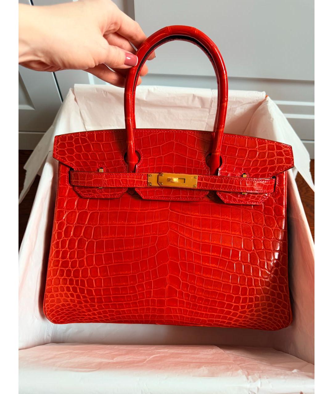 HERMES Красная сумка с короткими ручками из экзотической кожи, фото 5