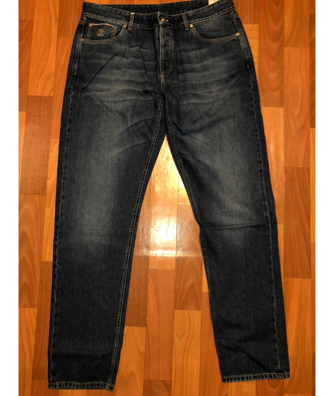 BRUNELLO CUCINELLI Темно-синие хлопковые прямые джинсы, фото 5