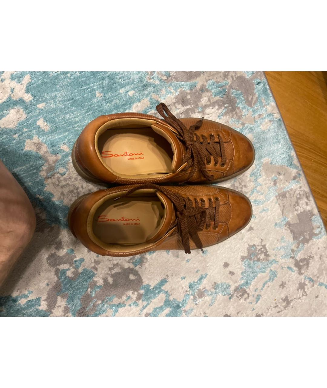 SANTONI Коричневые кожаные низкие кроссовки / кеды, фото 3