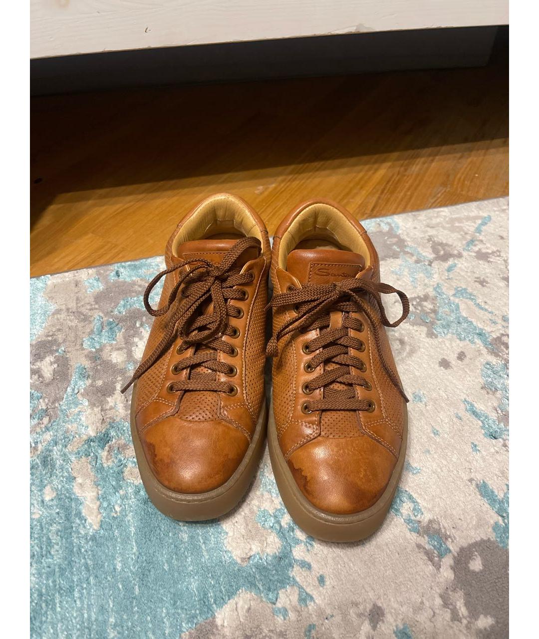 SANTONI Коричневые кожаные низкие кроссовки / кеды, фото 2