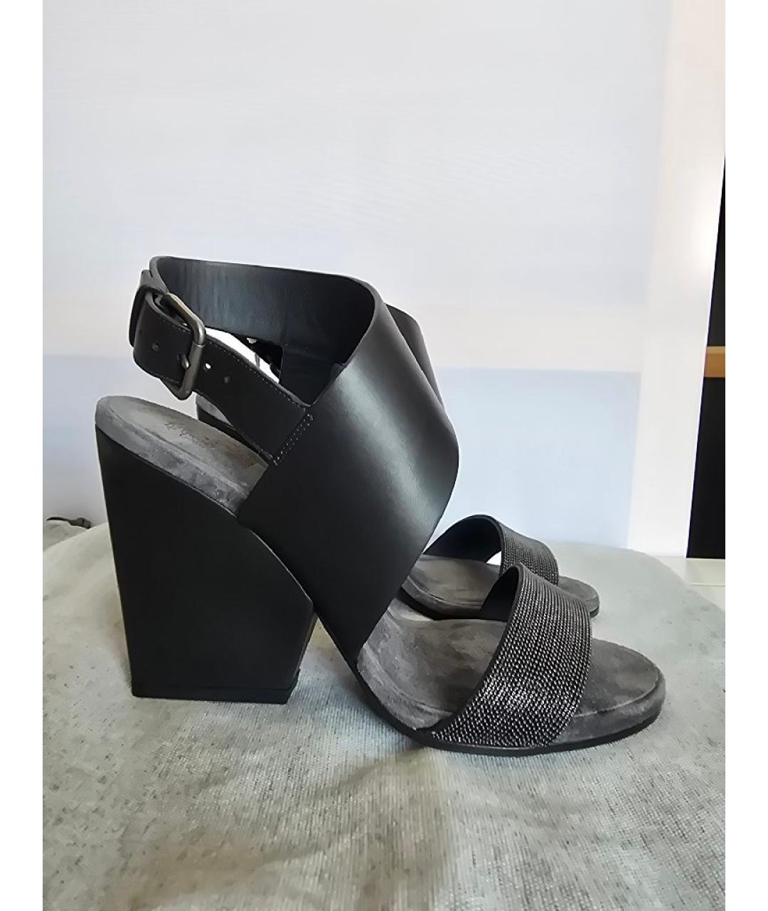 BRUNELLO CUCINELLI Антрацитовые кожаные босоножки, фото 6