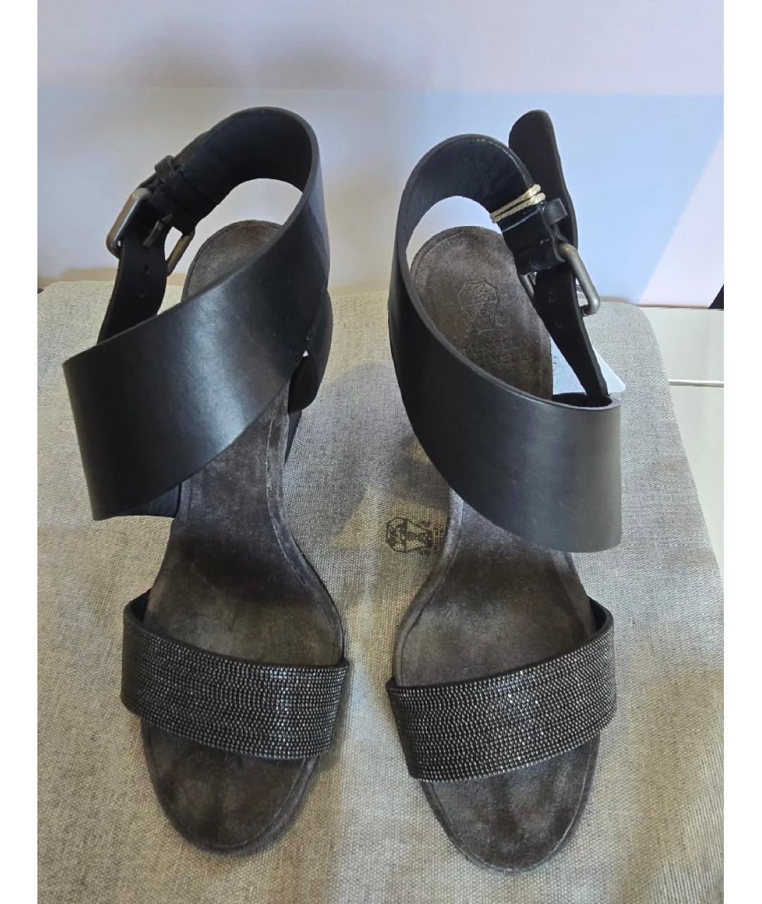 BRUNELLO CUCINELLI Антрацитовые кожаные босоножки, фото 2