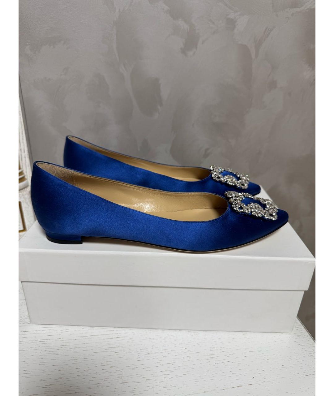 MANOLO BLAHNIK Синие текстильные лодочки на низком каблуке, фото 7