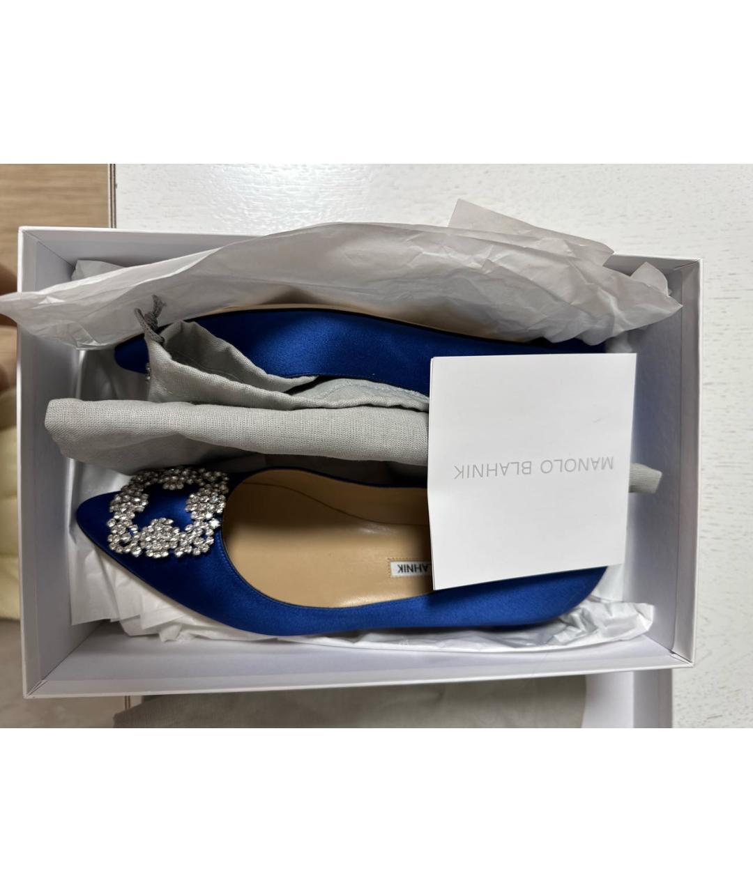 MANOLO BLAHNIK Синие текстильные лодочки на низком каблуке, фото 6