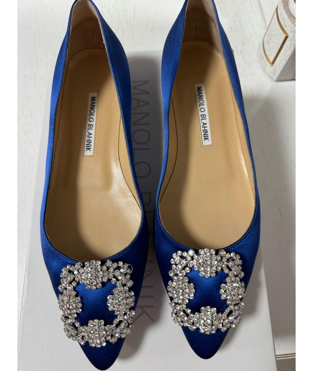 MANOLO BLAHNIK Синие текстильные лодочки на низком каблуке, фото 2
