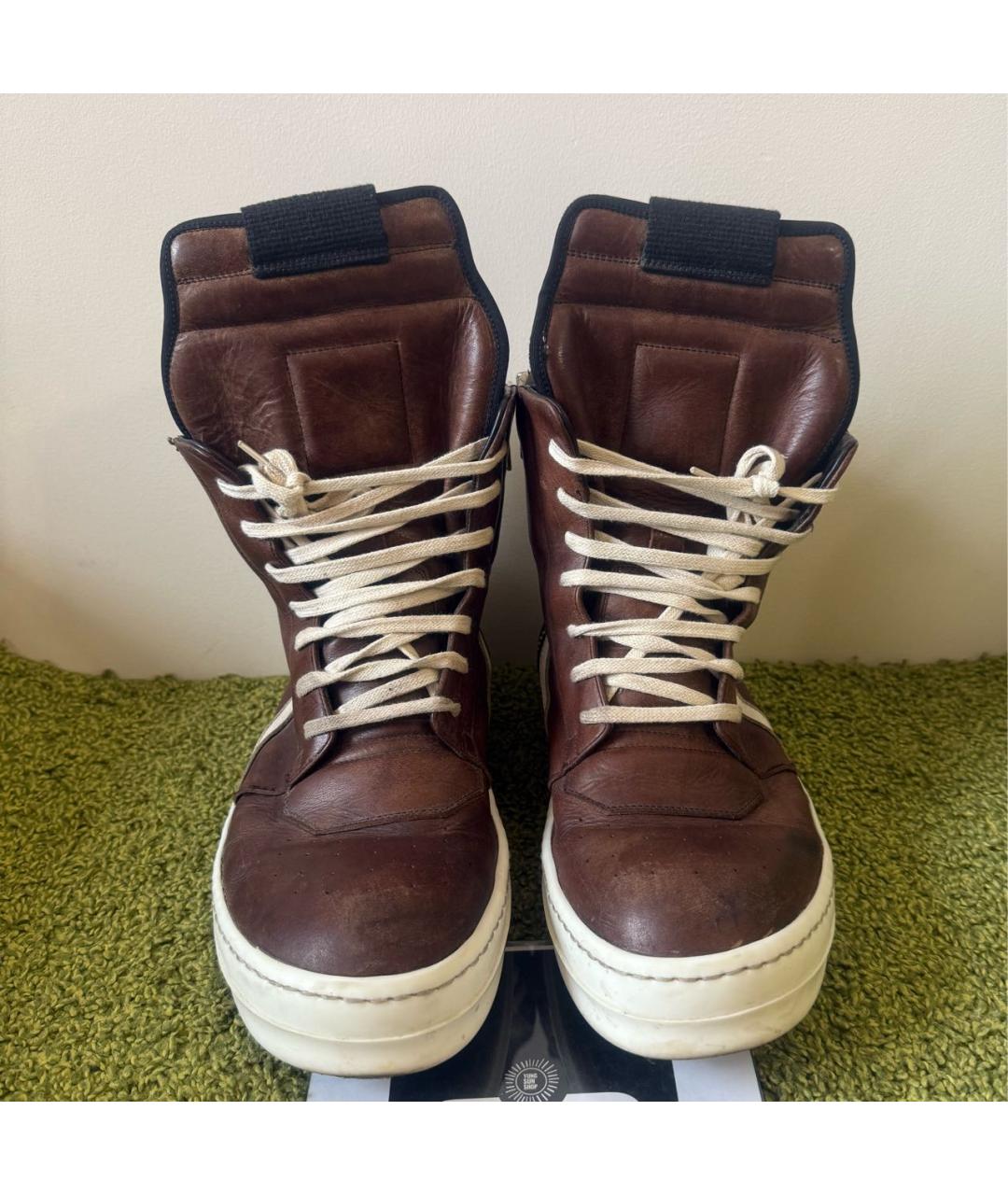 RICK OWENS Коричневые кожаные высокие кроссовки / кеды, фото 2