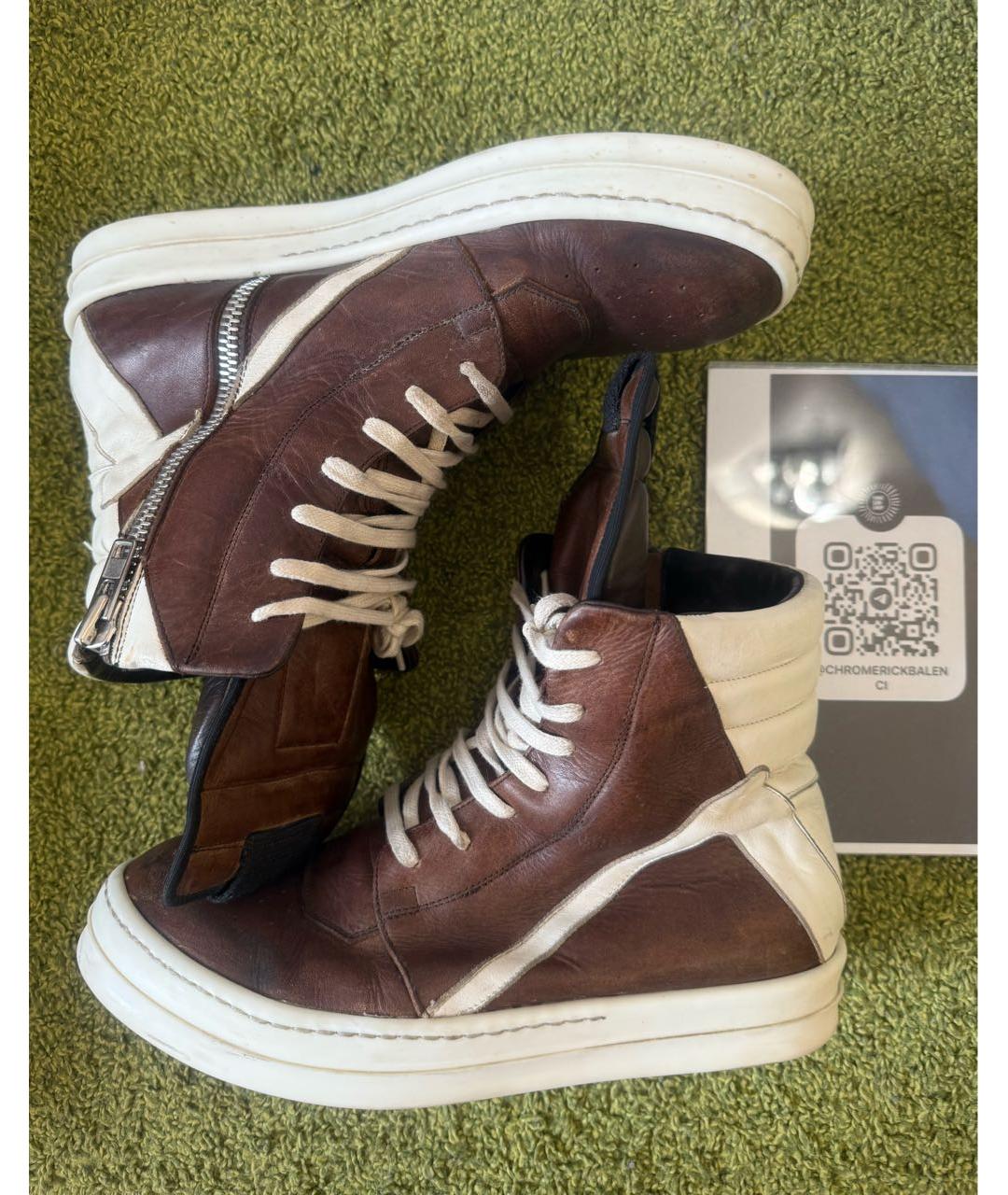 RICK OWENS Коричневые кожаные высокие кроссовки / кеды, фото 3