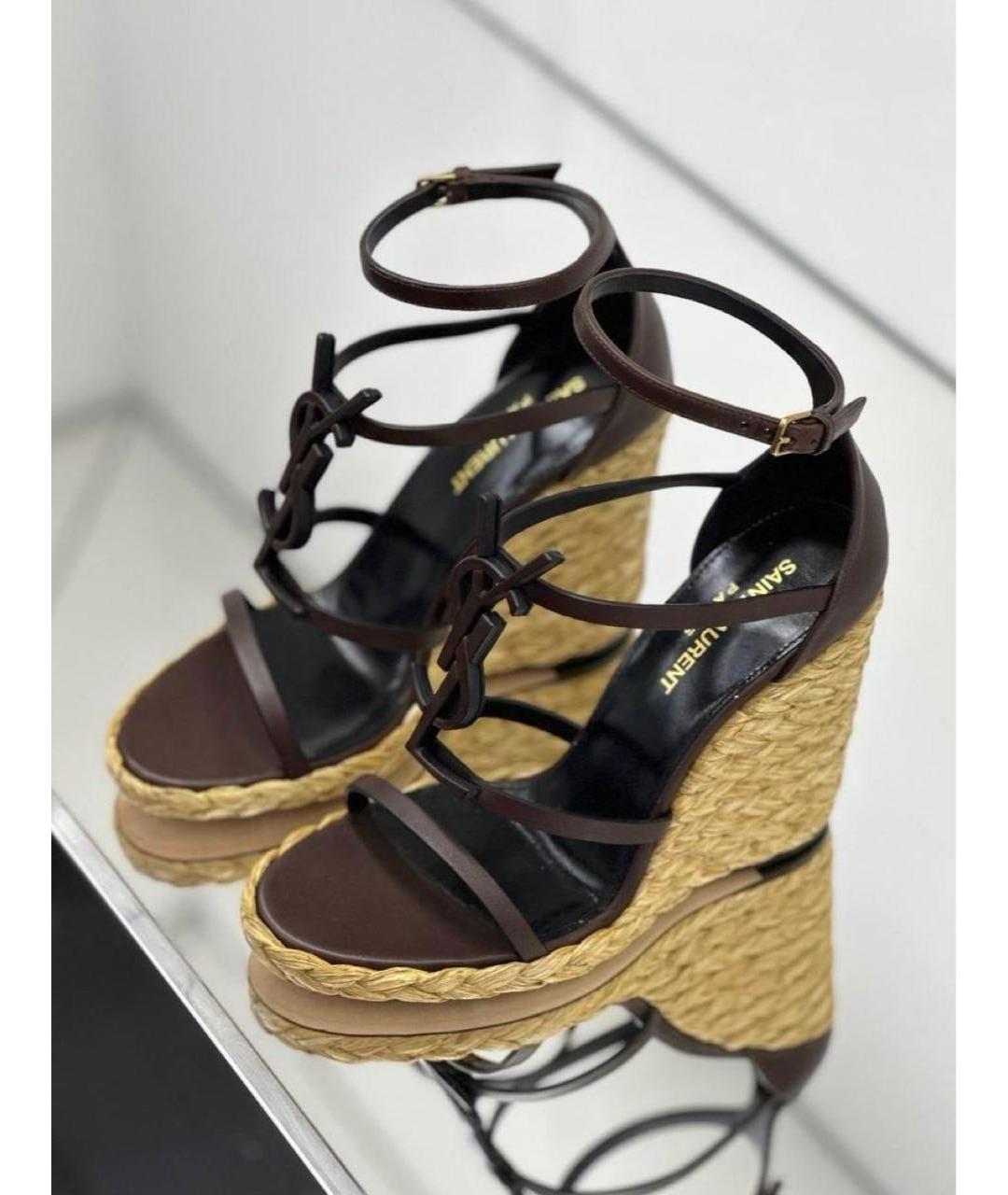 SAINT LAURENT Бордовые кожаные босоножки, фото 2