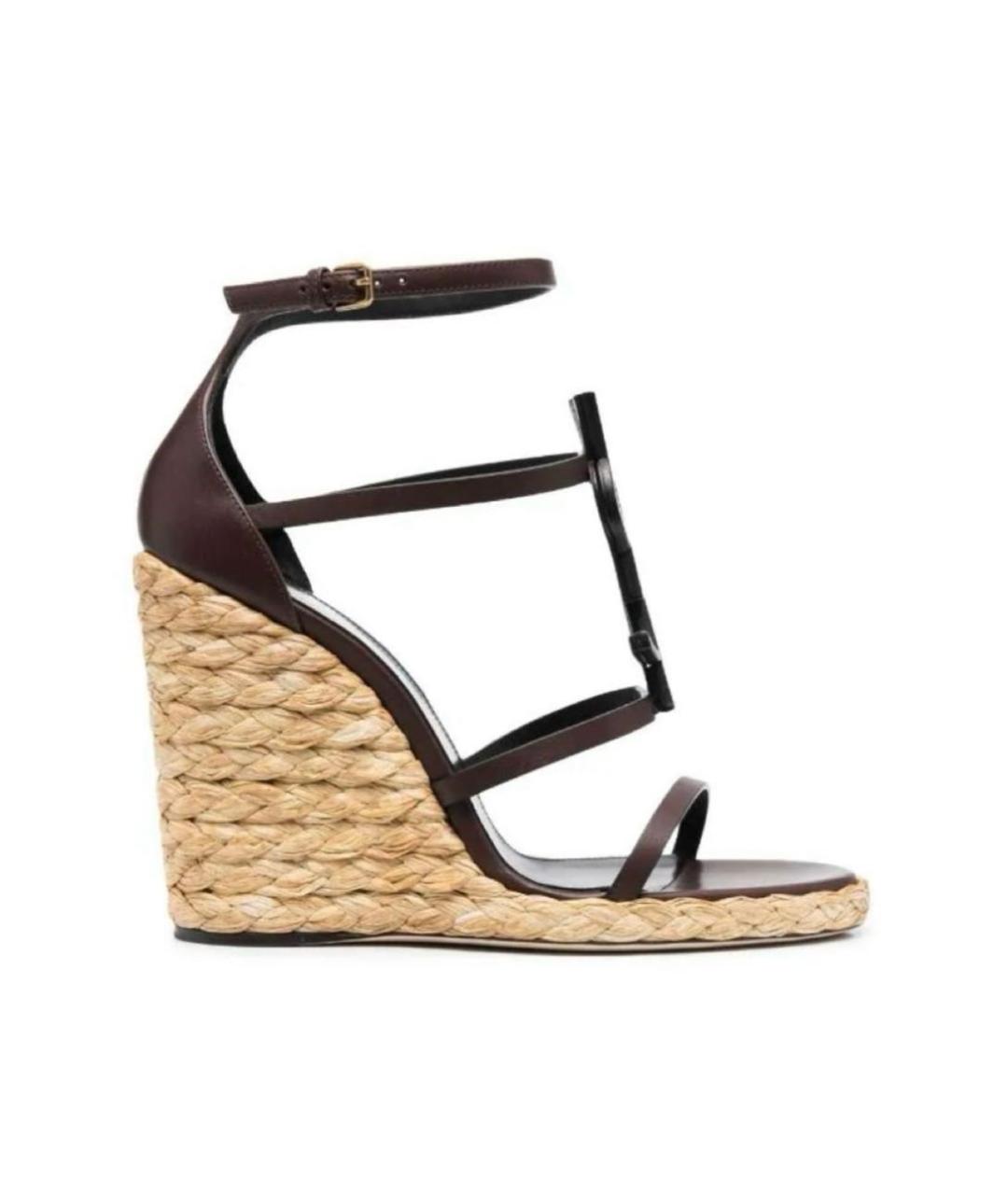 SAINT LAURENT Бордовые кожаные босоножки, фото 5