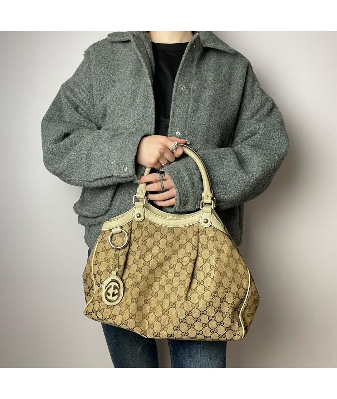 GUCCI Бежевая тканевая сумка с короткими ручками, фото 6