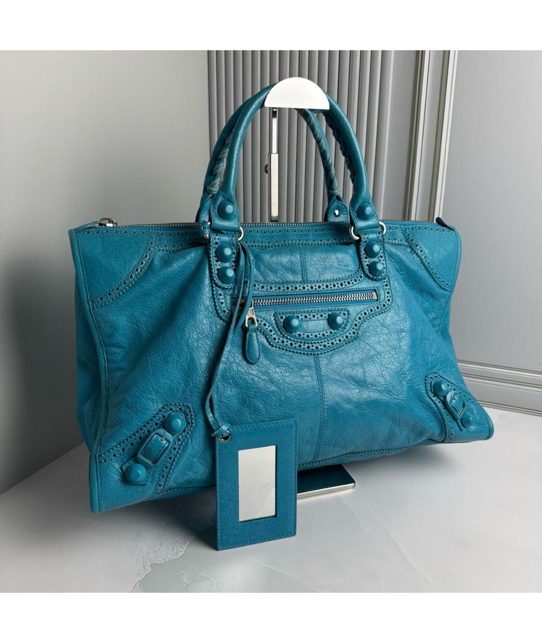 BALENCIAGA Голубая кожаная сумка с короткими ручками, фото 2